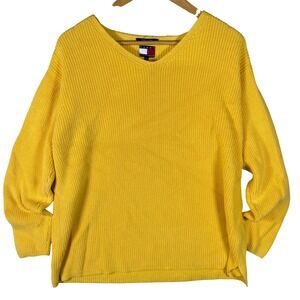Vintage Tommy Hilfiger Women Yellow Ribbed Knit V Neck Sweater XL Ribbed Detail